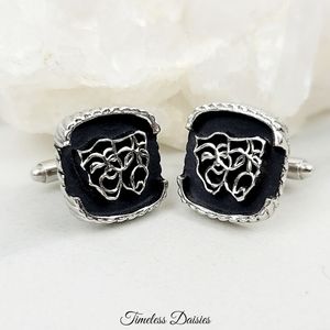 •SOLD• Vintage Cuff Links Comedy Tragedy Theater Mask Black Silver Business